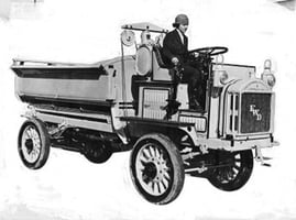 Luella Bates driving a Model B, FWD truck, promotional photo, Four-Wheel Drive Auto Co., 1922.